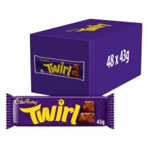 Full box of Cadbury Twirl chocolate bars with light swirls.