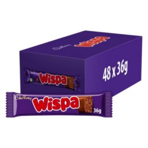 Full box of Cadbury Wispa chocolate bars with bubbly texture.