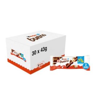 Full box of Kinder Bueno Milk Chocolate and Hazelnuts Duo Bars.