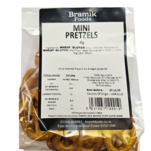Mini Pretzels 100g – Crispy salted snack from Bramik at Goldenacre Minimarket Edinburgh.