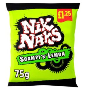 Image of a bag of Nik Naks Scampi 'N' Lemon Crisps