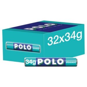 A full box of 32 tubes of Polo Spearmint Mints.