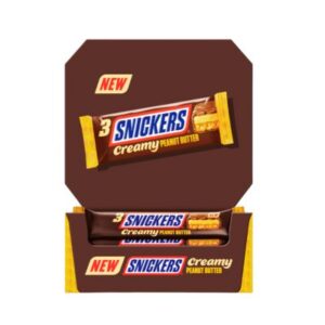 Image of a box of SNICKERS CREAMY PEANUT BUTTER TRIO SINGLE BARS.