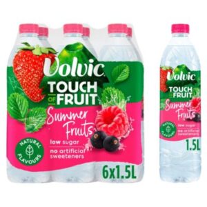 A case of 6 x 1.5L bottles of Volvic Touch of Fruit Low Sugar Summer Fruits Natural Flavoured Water.