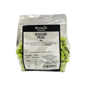 Wasabi Peas 100g – Spicy Japanese snack from Bramik Foods available at Goldenacre Minimarket Edinburgh.