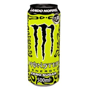 Monster Energy Drink Lando Norris Zero Sugar 500ml can with refreshing new flavor, zero sugar, and powerful energy-boosting ingredients.