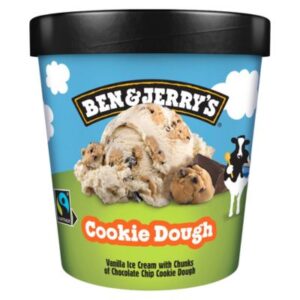 Ben & Jerry’s Cookie Dough Ice Cream 465ml – vanilla ice cream tub with chocolate chip cookie dough and chunks