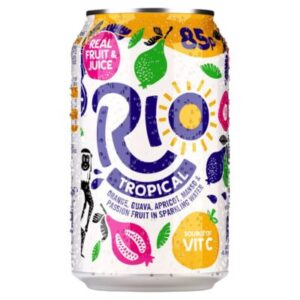 Rio Tropical 330ml Can – Lightly sparkling tropical soft drink with orange, mango, guava, apricot & passion fruit.