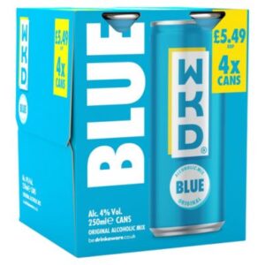 WKD Blue Alcoholic Vodka Mix 4 x 250ml cans, blue packaging, refreshing alcoholic drink, sparkling mixed fruit vodka premix, slim cans, ideal for parties.
