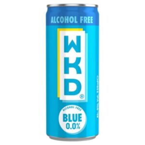 A vibrant blue can of WKD The Original Blue 0.0% Alcohol Free, indicating it's a non-alcoholic sparkling mixed fruit flavoured drink.